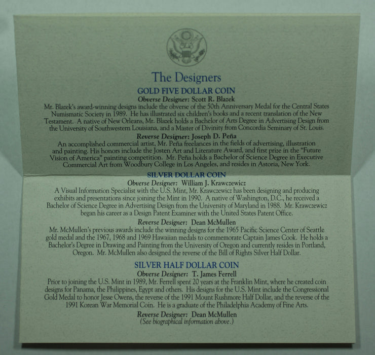 1993 Bill of Rights 3 Coin Proof Set, w/ Gold & Silver, by US Mint In Box, COA