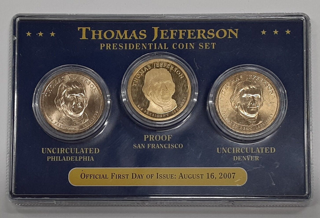 2007 Thomas Jefferson Presidential Dollar 3 Coin Set First Day of Issue