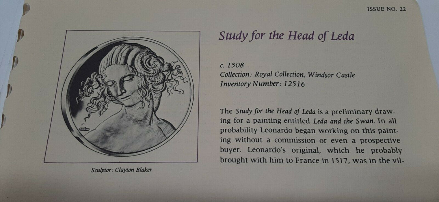 Franklin Mint Genius/DaVinci PF Gold Plated .925 Silver Medal-Head of Leda