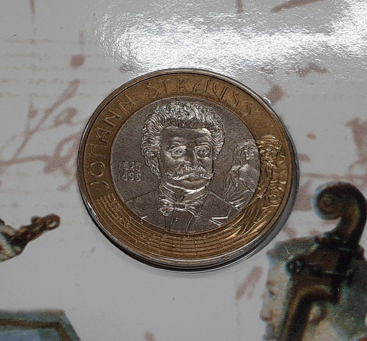 1999 Austria BU 50 Schilling Johann Strauss Commem Coin in Austrian Mint Folder