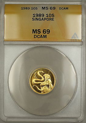 1989 Singapore 10 Singold Gold Coin ANACS MS-69 DCAM