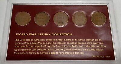 1914-1918 WWI Penny Set - 5 Circulated Coins Total in Plastic Holder