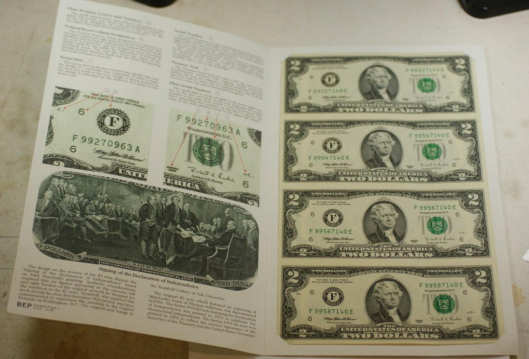 1995 $2 Federal Reserve Note 4 Subject Uncut Sheet- FE Block- w/ BEP Folder