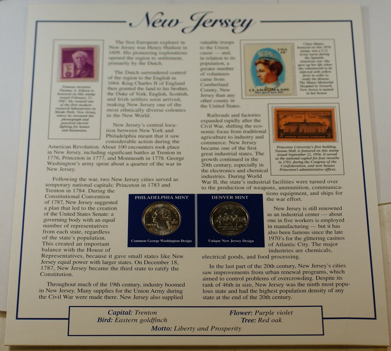 P&D Set of New Jersey State Quarters, BU Coins, W/ Fact Sheet about the State