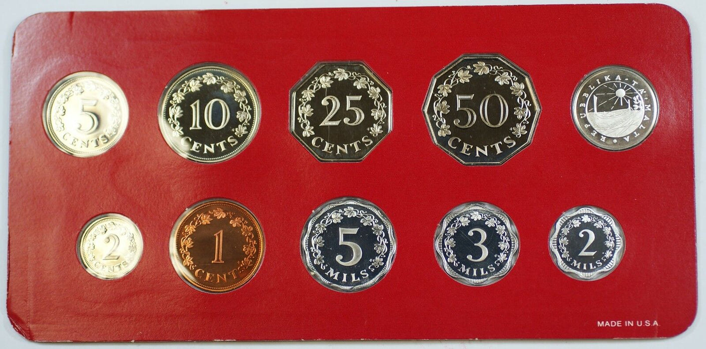 1979 Republic of Malta Proof Set, 10 Gem Coins, Made by the Franklin Mint W/ COA