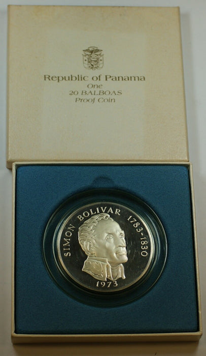 1973 Panama 20 Balboas Simon Bolivar Proof Silver Commemorative Coin-w/Box