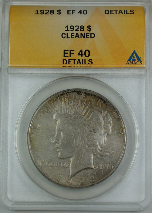 1928 Peace Silver Dollar Coin, ANACS EF-40 Details - Cleaned
