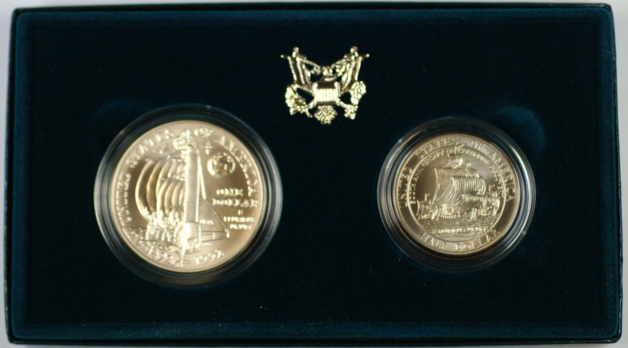 1992 D Columbus Quincentenary 2 Coin Silver Dollar Half Commem UNC Set Mint Box