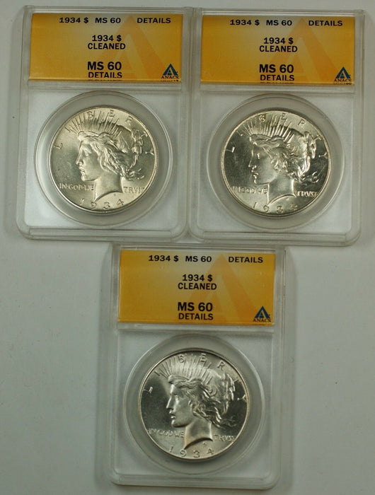 1934 Peace Silver Dollar ANACS MS-60 Details Cleaned