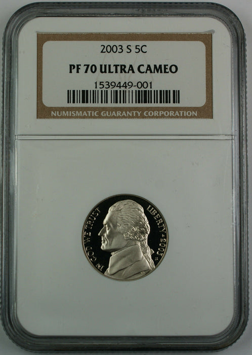 2003-S Proof Jefferson Nickel 5c, NGC PF-70 Ultra Cameo, Perfect Proof Coin