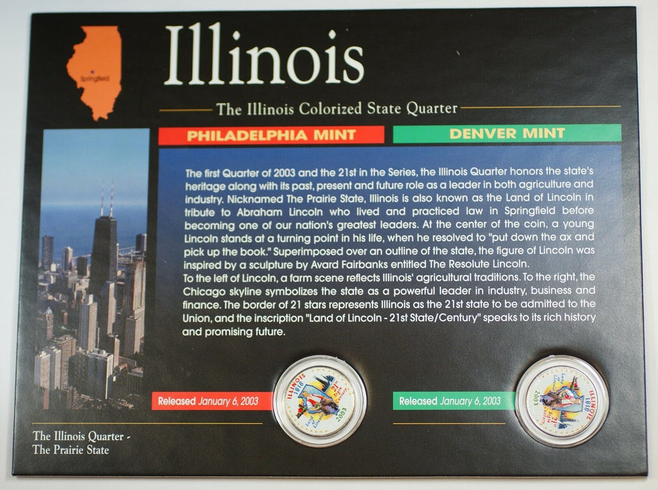 (2) 2003 Illinois Colorized State Quarter P&D-BU Coin-w/Colorful Display Card