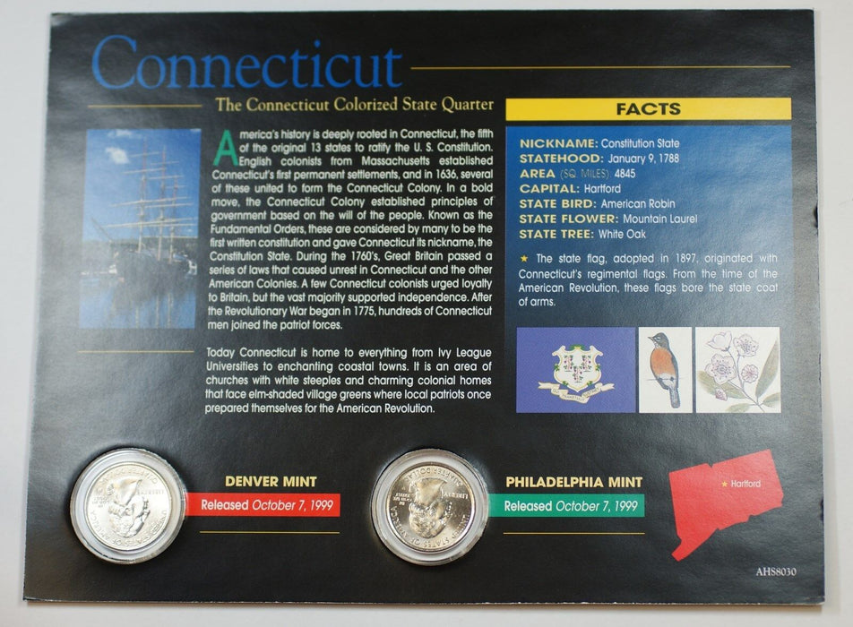 (2) 1999 Connecticut Colorized State Quarter P&D-BU Coin-w/Colorful Display Card