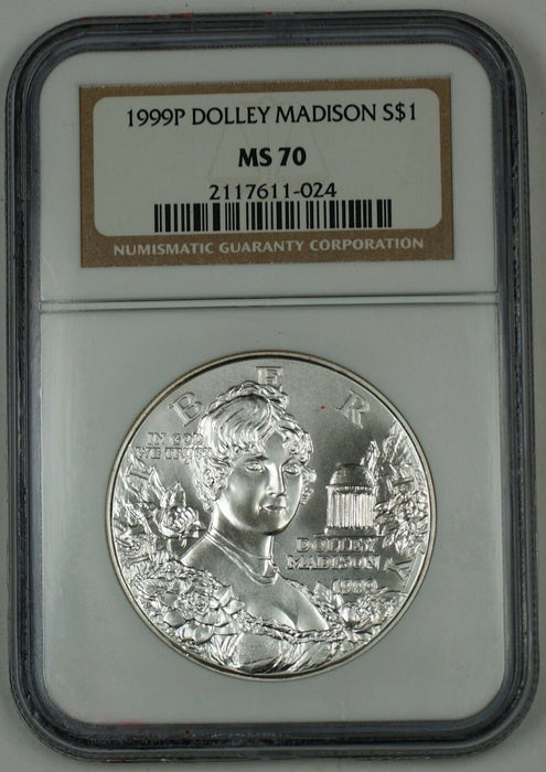 1999-P Dolley Madison Commemorative Silver Dollar Coin, NGC MS-70, Perfect Coin