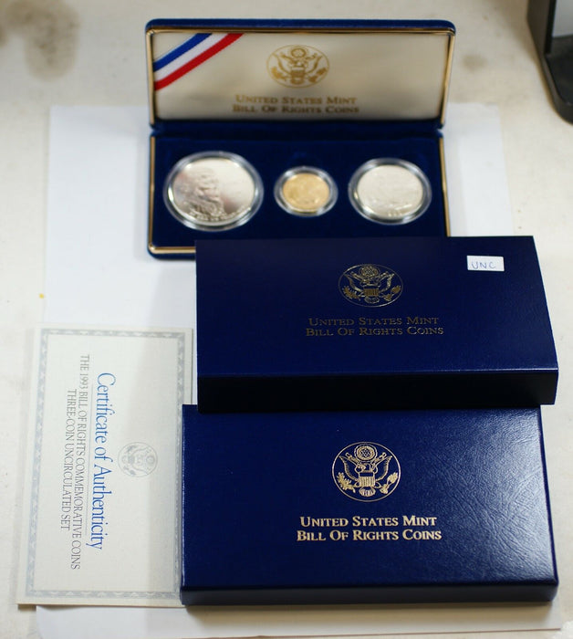 1993 Bill of Rights 3pc UNC Commemorative Set-$5 Gold-Silver $1 & Half-w/Box&COA