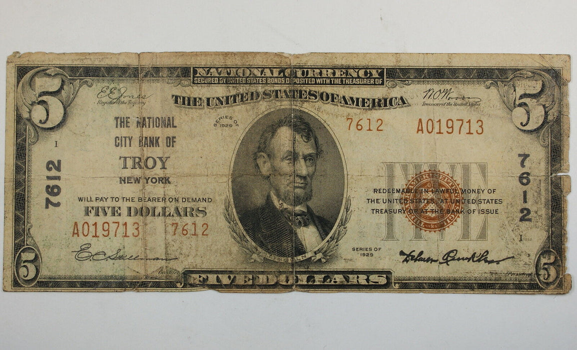 Series 1929 $5 National Currency Note, City Bank Troy NY, 7612