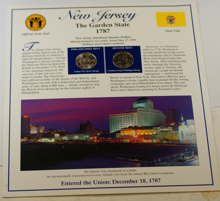 P&D Set of New Jersey State Quarters, BU Coins, W/ Fact Sheet about the State