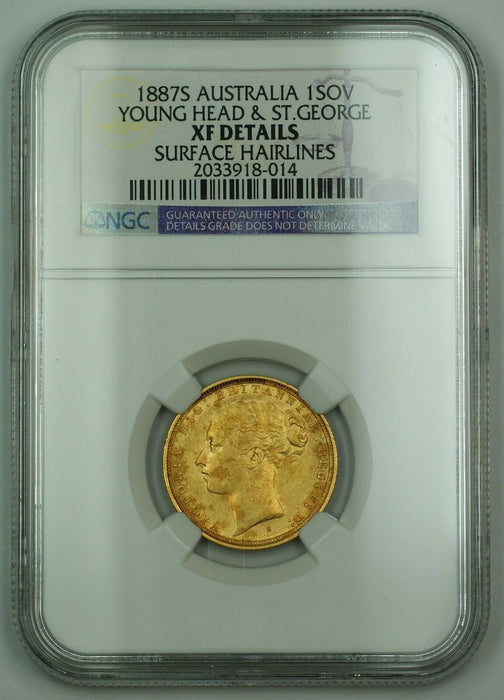 1887-S Australia 1 Gold Sovereign Young Head & St. George NGC XF Details AKR
