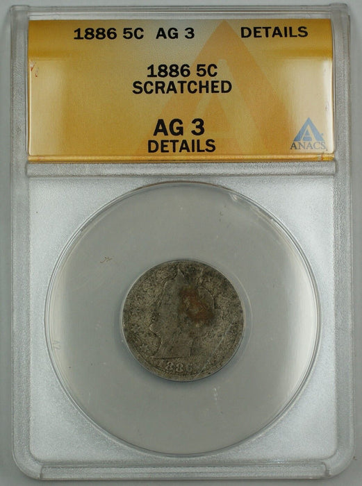 1886 Liberty V Nickel Coin 5c ANACS AG-3 Details Scratched