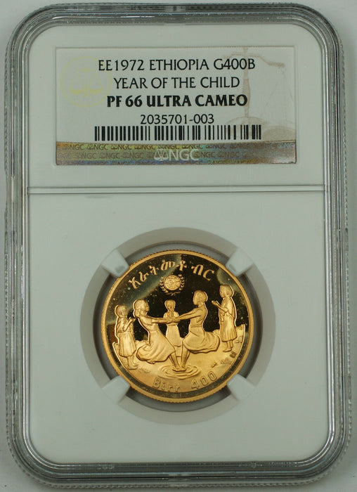EE 1972 Ethiopia 400 Birr Gold Coin, NGC PF-66 UC, Year of the Child KM#60