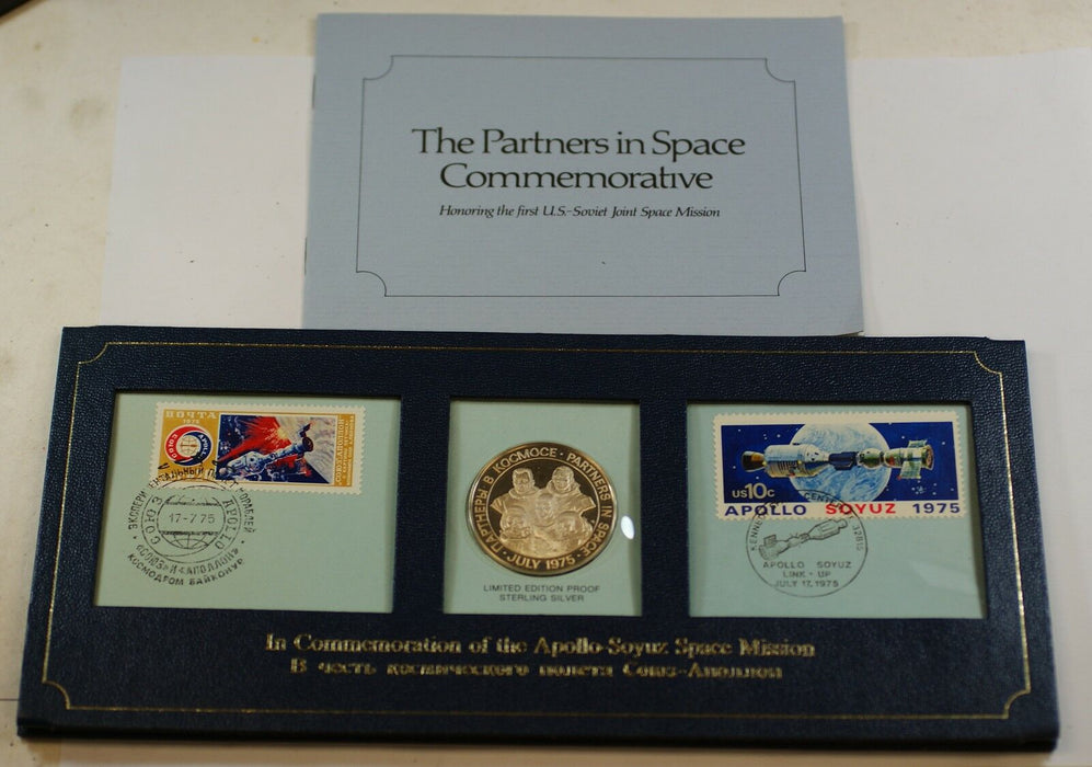 Franklin Mint Partners in Space Commemorative Set w/ Silver Medal and Stamps