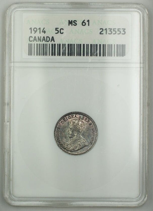 1914 Canada Five Cents 5c Silver Coin ANACS MS-61 Toned