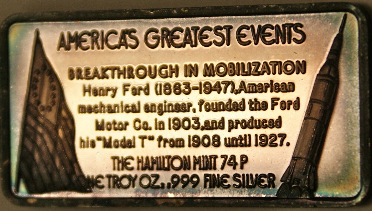 Horseless Carraige America's Greatest Events The Hamilton Mint .999 Silver Ingot