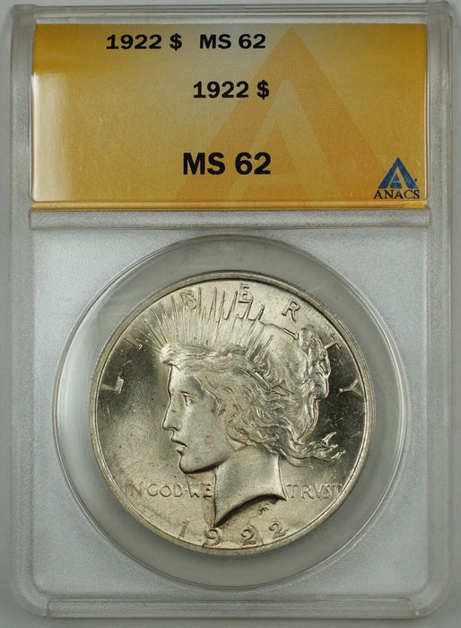 1922 Silver Peace Dollar $1 Coin, ANACS MS-62 (Better Coin)