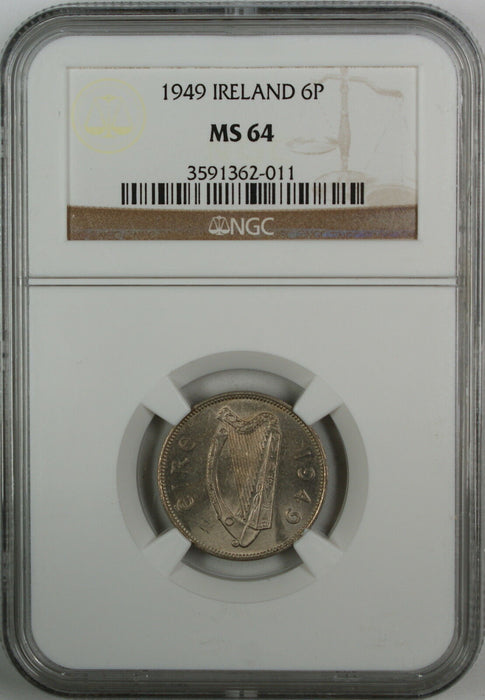 1949 Ireland Six Pence, NGC MS-64