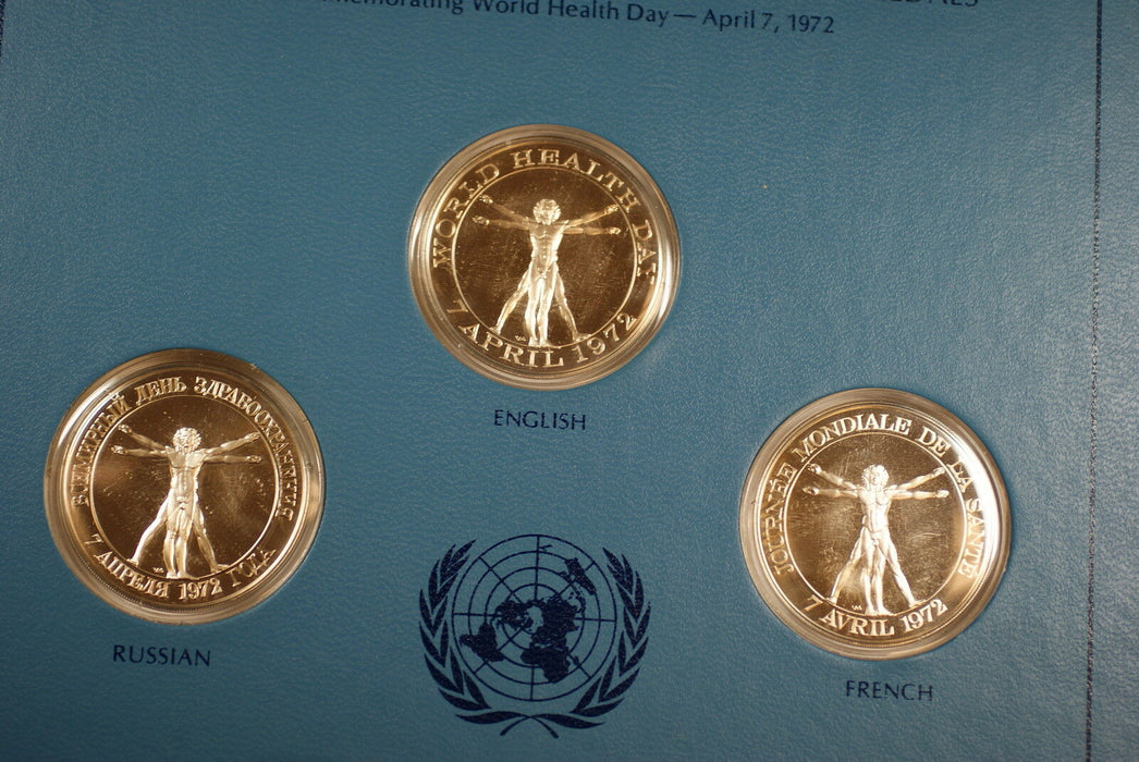 1972 U.N. World Health Day Sterling Silver Proof 5 Language Commem. Medal Set