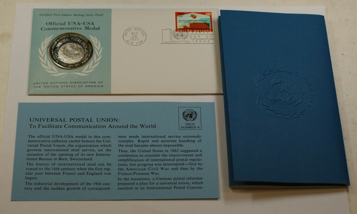 1971 UNA-USA Commemorative Silver Proof Medal- Universal Postal Union-FDI Stamp