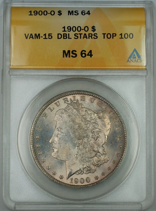 1900-O Silver Morgan Dollar Coin, ANACS MS-64 VAM-15 Double Stars, Toned, JT