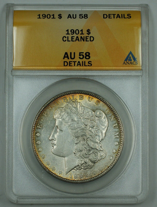 1901 Morgan Silver Dollar Coin, ANACS AU-58 Details, Cleaned, Light Toning, B