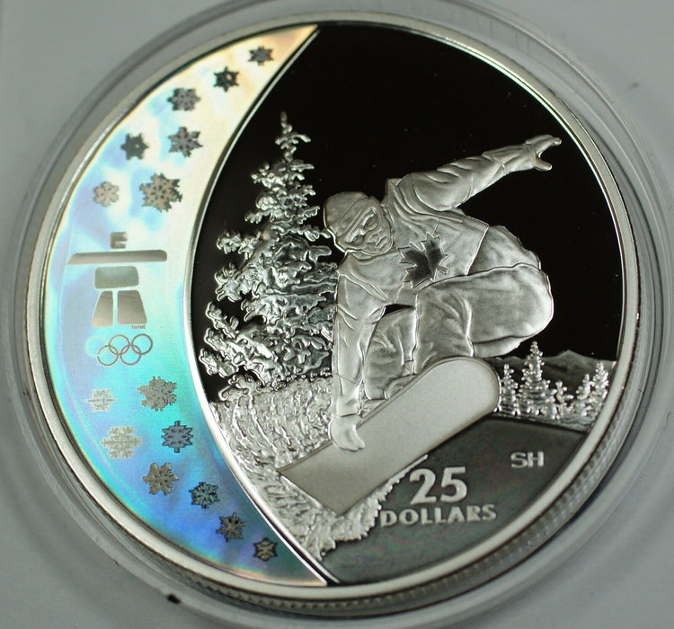 2008 Canada $25 Silver Holographic Proof Coin-Snowboarding-2010 Vancouver- w/COA