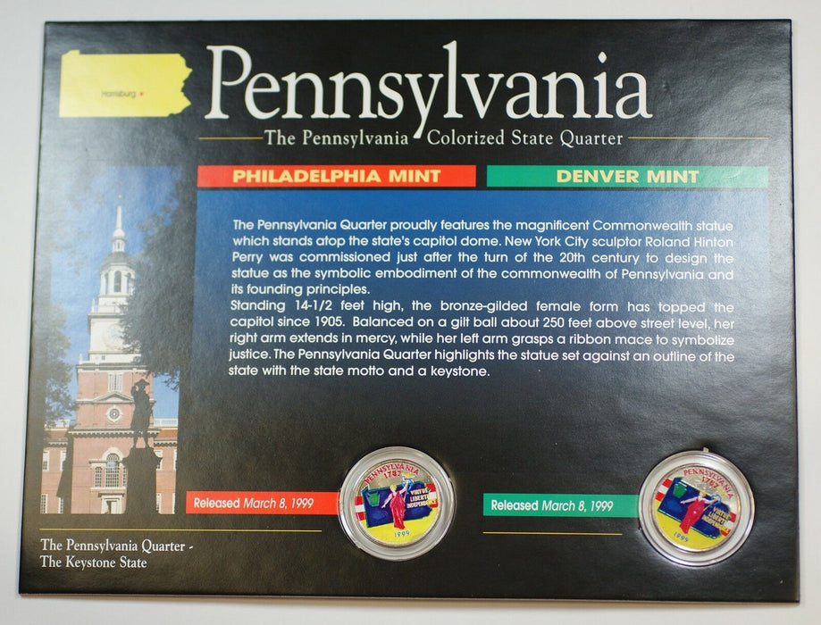 (2) 1999 Pennsylvania Colorized State Quarter P&D-BU-w/Colorful Display Card