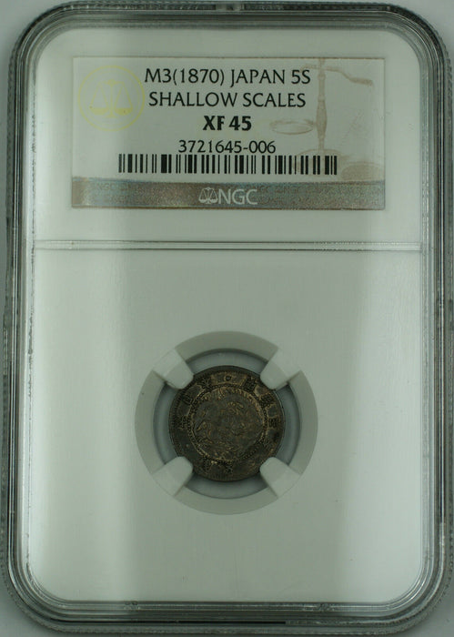 M3(1870) Japan Silver 5 Sen Coin Shallow Scales NGC XF-45