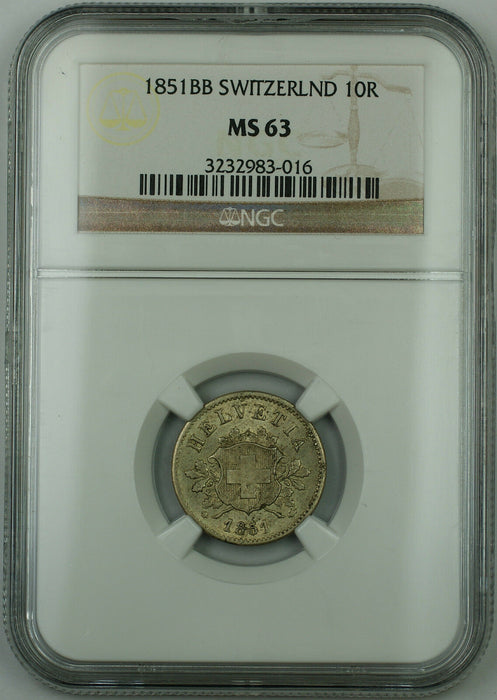 1851 BB Switzerland 10 Rappen Coin, NGC MS-63, Quite Scarce in This Condition