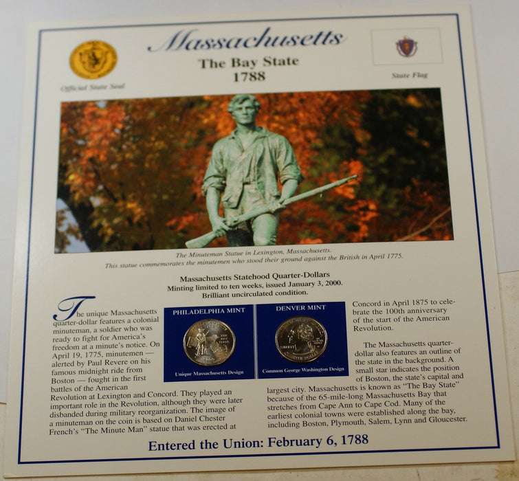 P&D Set of Massachusetts State Quarters, BU, W/ Fact Sheet about the State