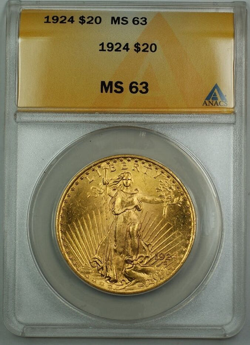 1924 $20 St. Gaudens Double Eagle Gold Coin ANACS MS-63 BS