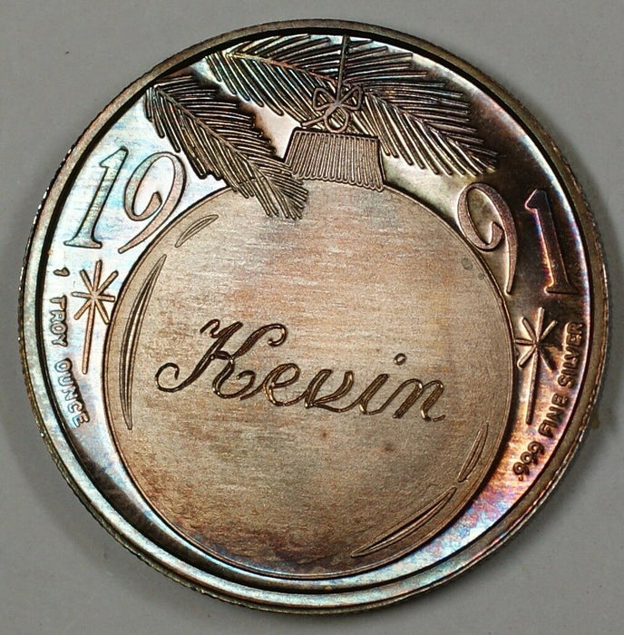 1991 Pure Silver Holiday Greetings Medal, Beautiful Coloring, Engraved Kevin
