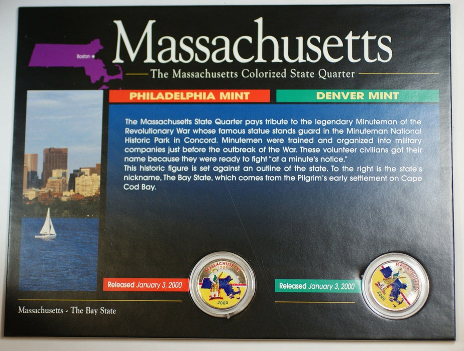 (2) 2000 Massachusetts Colorized State Quarter P&D-BU-w/Colorful Display Card