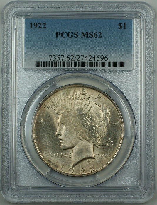1922 Silver Peace Dollar $1, PCGS MS-62, Better Coin, Lightly Toned
