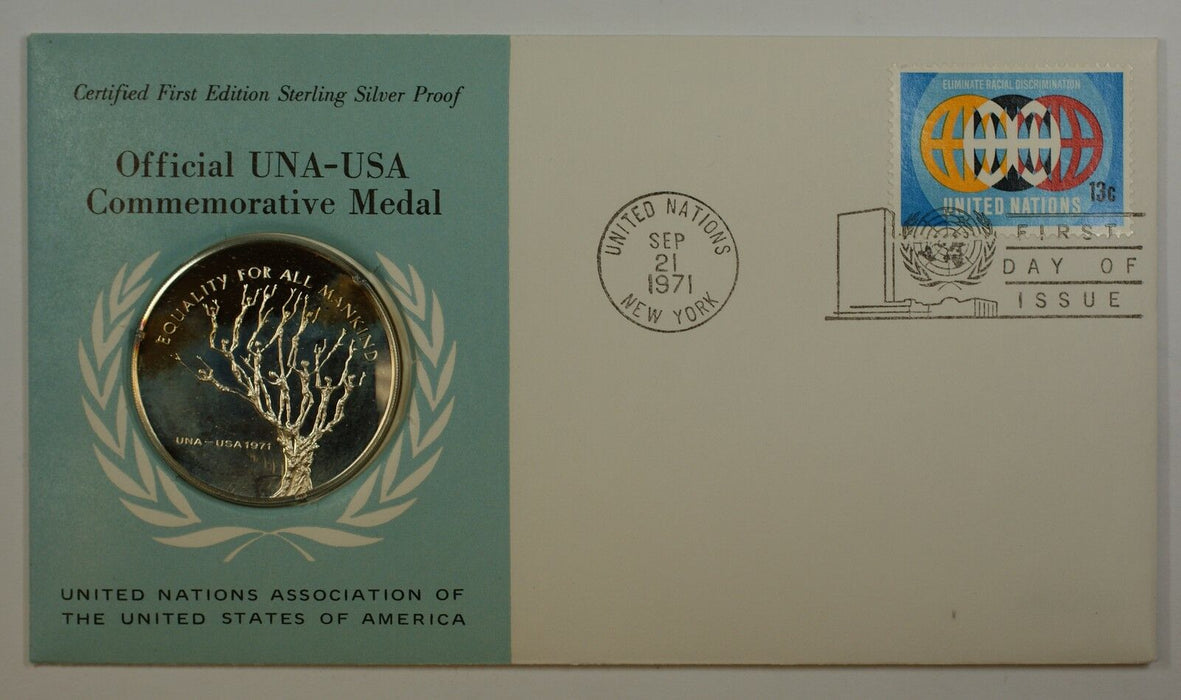 1971 UNA-USA Commemorative Silver Proof Medal-Equality-Racial-FDI Stamp