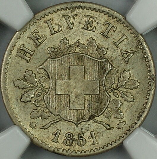 1851 BB Switzerland 10 Rappen Coin, NGC MS-63, Quite Scarce in This Condition