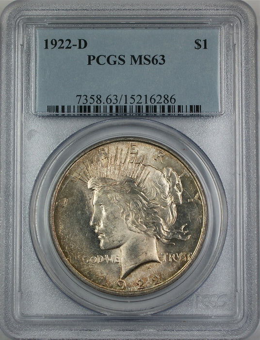 1922-D Peace Silver Dollar Coin, PCGS MS-63, Beautifully Toned