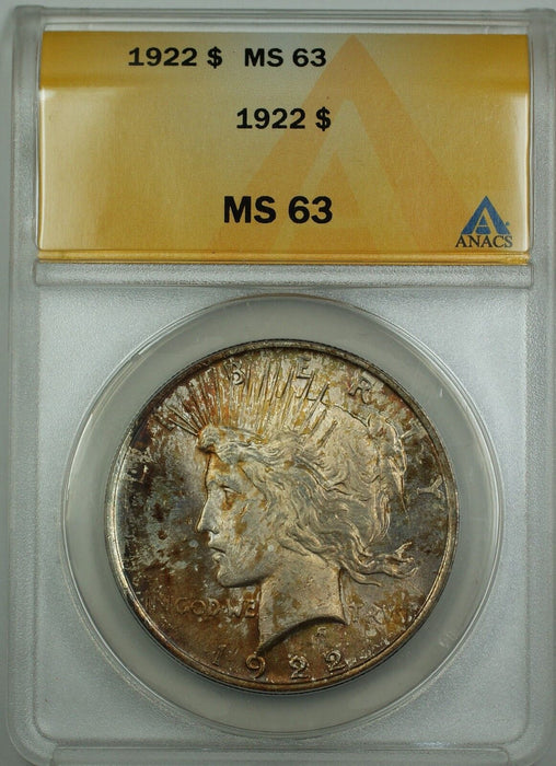 1922 Silver Peace Dollar Coin $1 ANACS MS-63 Toned Choice BU