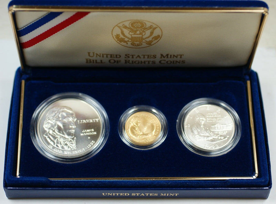 1993 Bill of Rights 3pc UNC Commemorative Set-$5 Gold-Silver $1 & Half-w/Box&COA