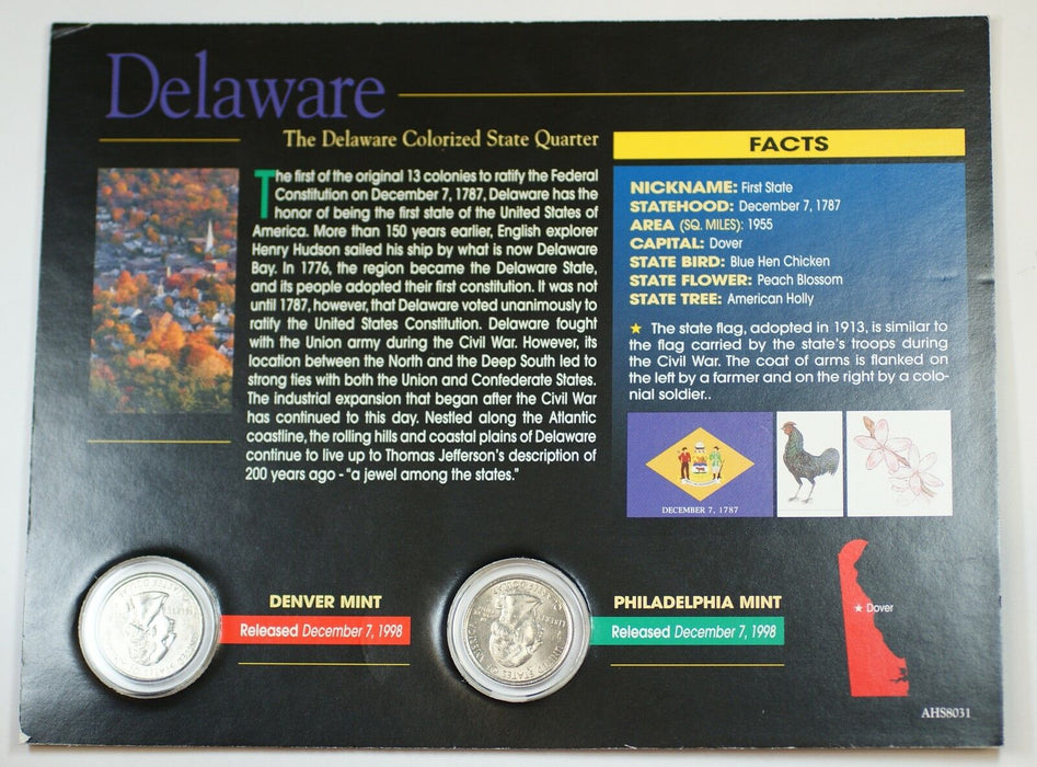 (2) 1998 Deleware Colorized State Quarter P&D-BU Coin-w/Colorful Display Card