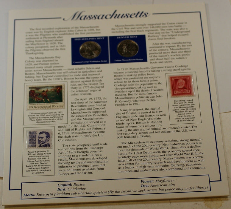 P&D Set of Massachusetts State Quarters, BU, W/ Fact Sheet about the State