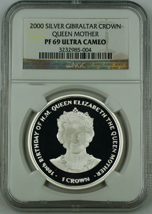 2000 Gibraltar Silver Crown Proof Coin, NGC PF-69 UC, Elizabeth, Queen Mother