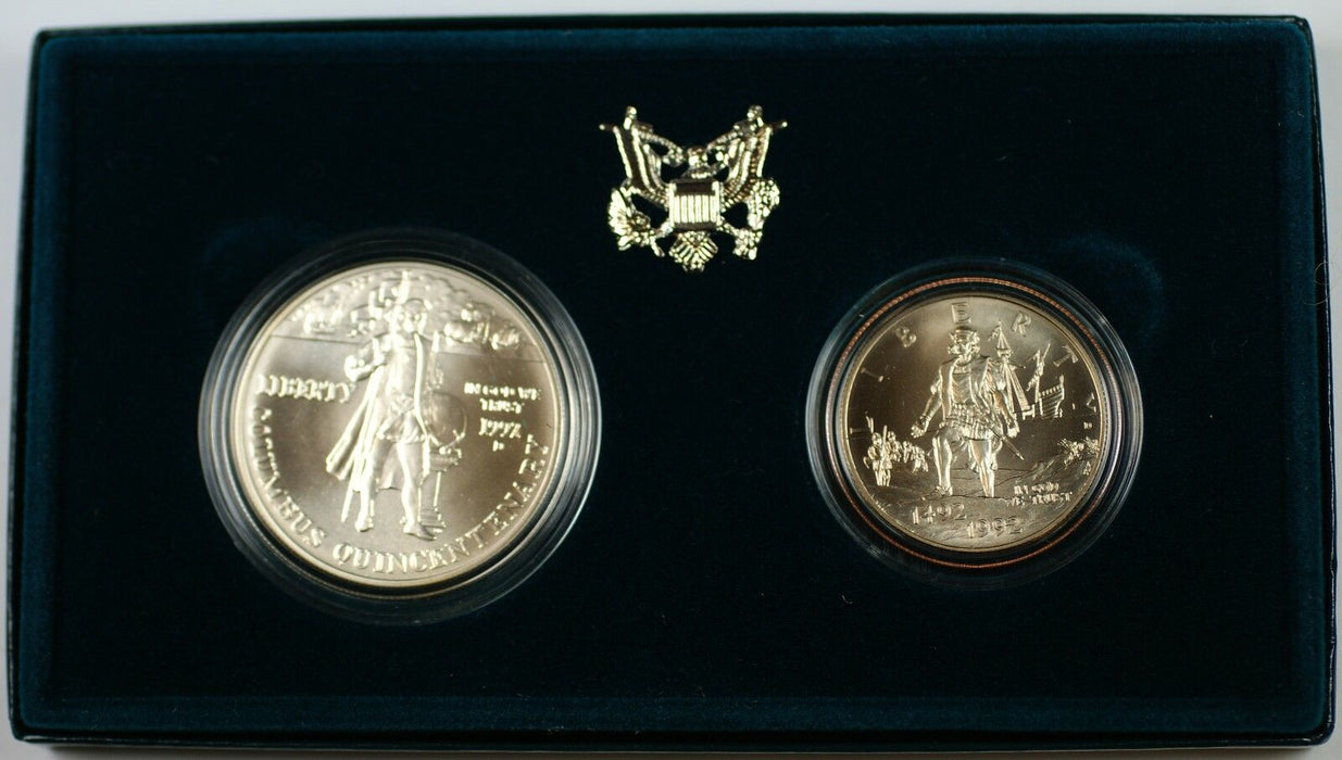1992 D Columbus Quincentenary 2 Coin Silver Dollar Half Commem UNC Set Mint Box
